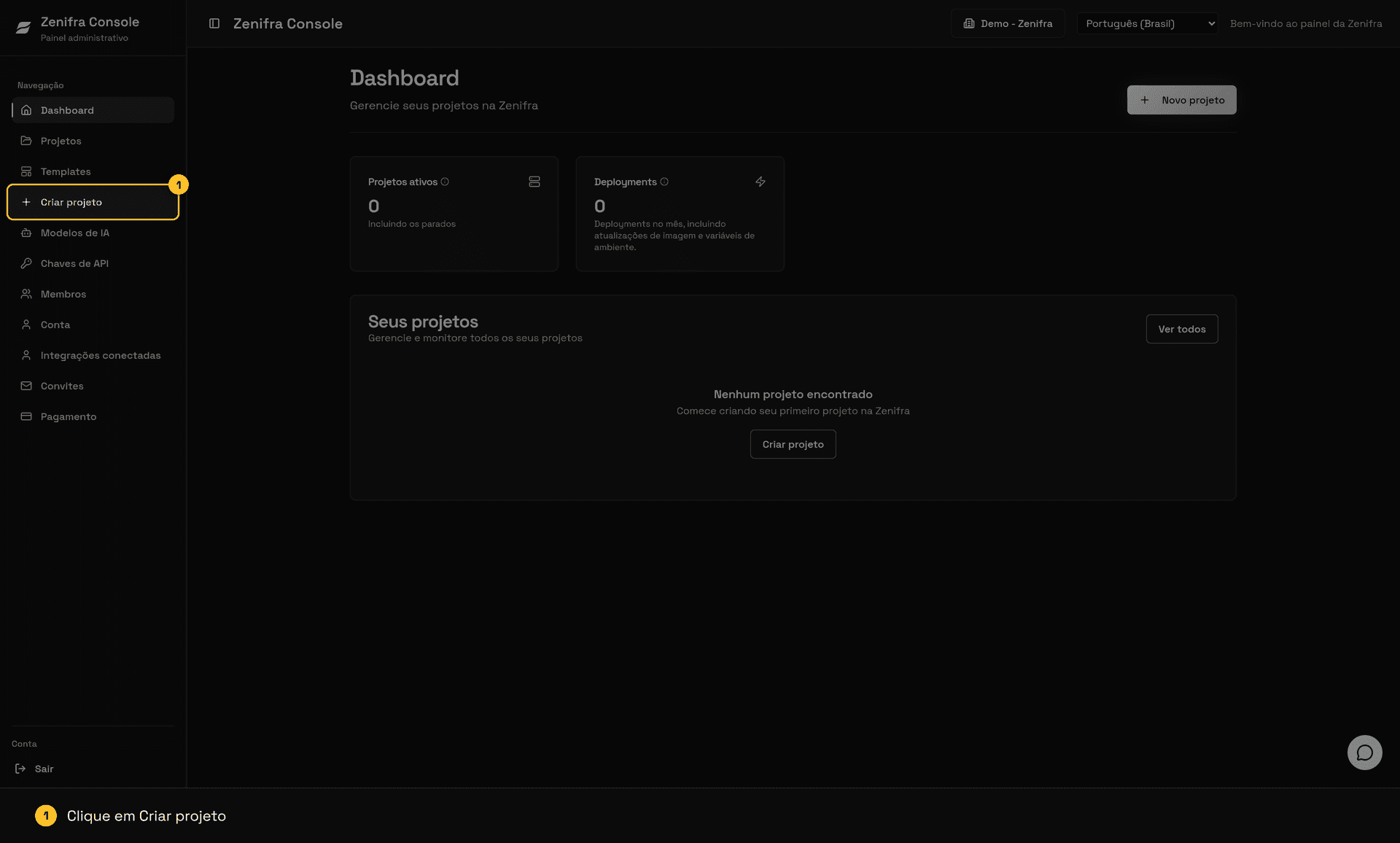 Dashboard do console com o item Criar projeto destacado no menu lateral